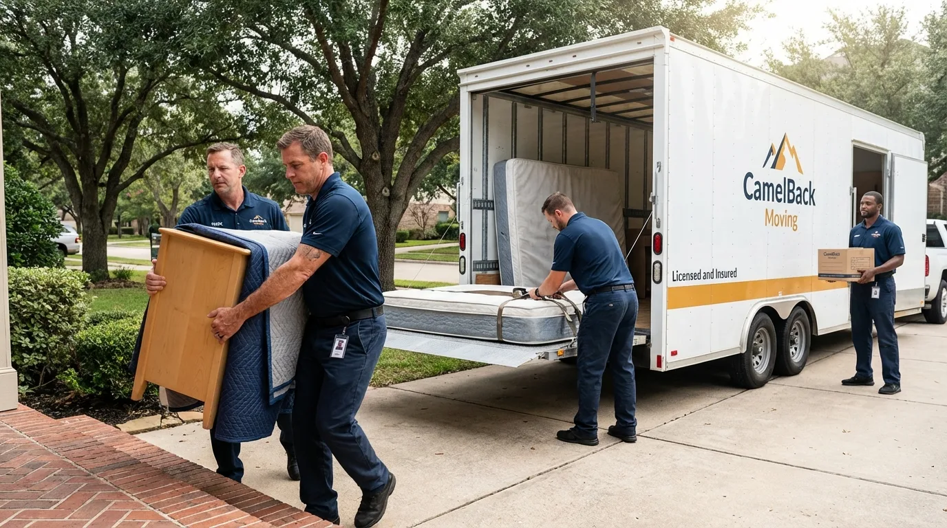 Crew loading residential truck for cross-state move from Westwood, CA
