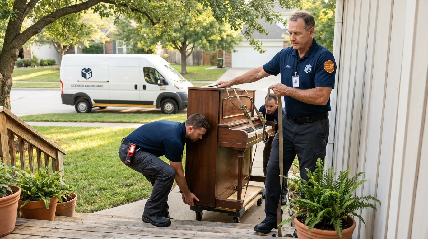 Licensed piano movers securing grand piano in Westwood, CA