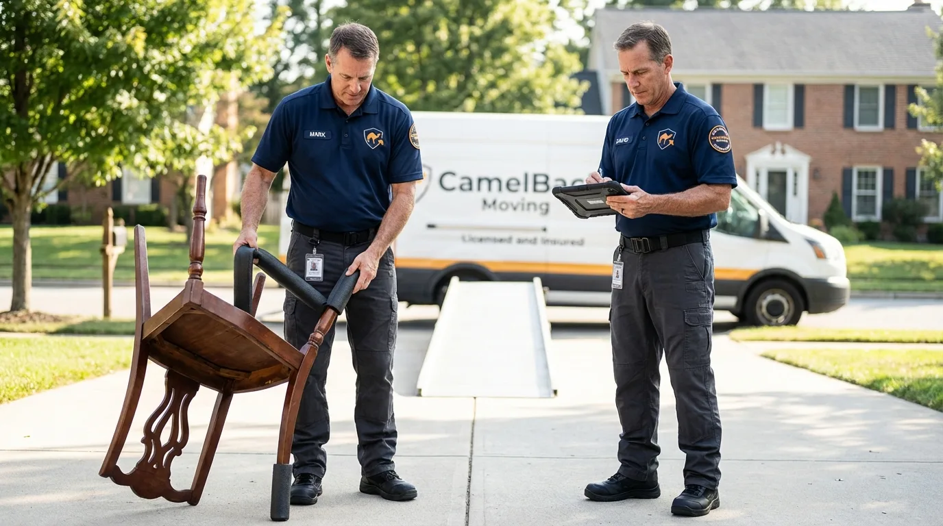 Movers inspecting furniture for damage prevention before loading in Westwood, CA