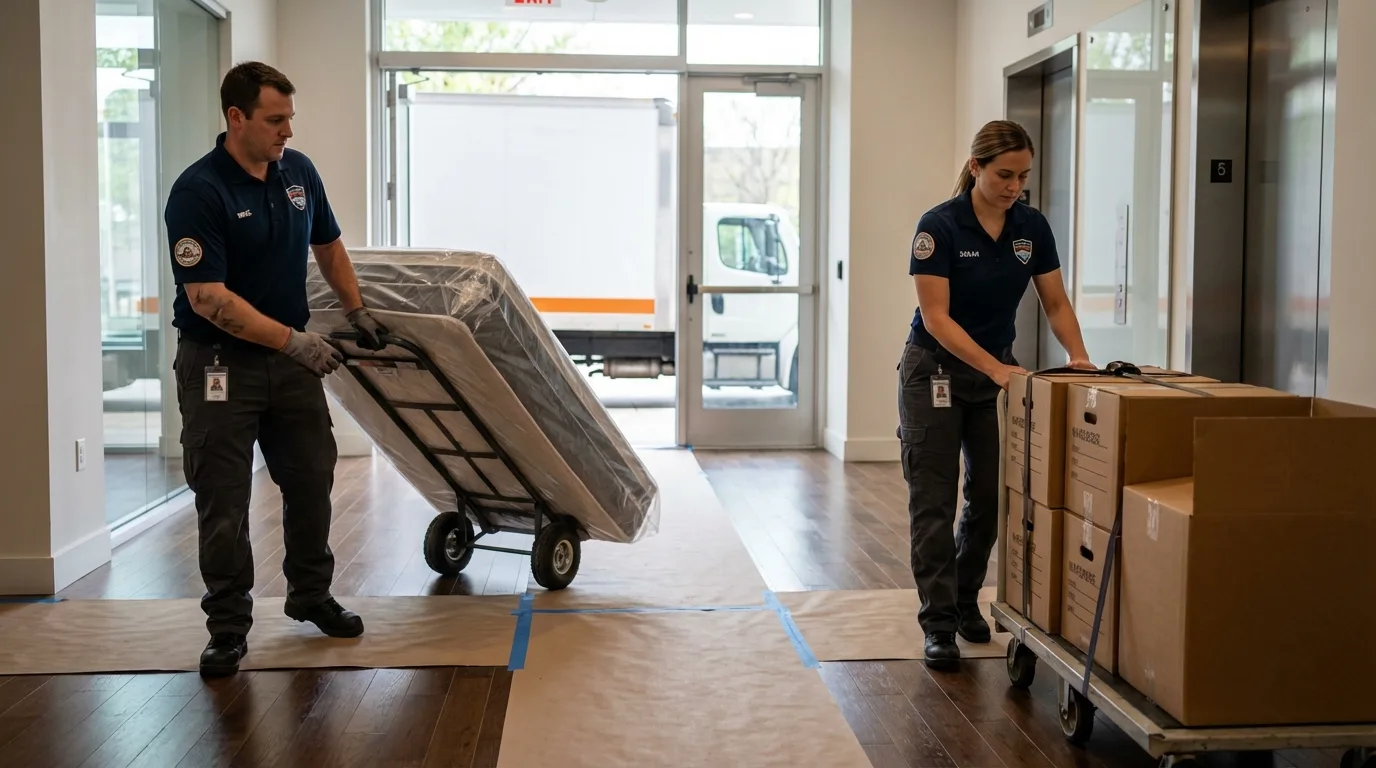 Professional apartment movers loading elevator in Westwood, CA