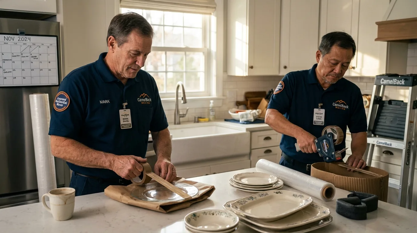 Professional crew packing kitchen dishware in Westwood, CA